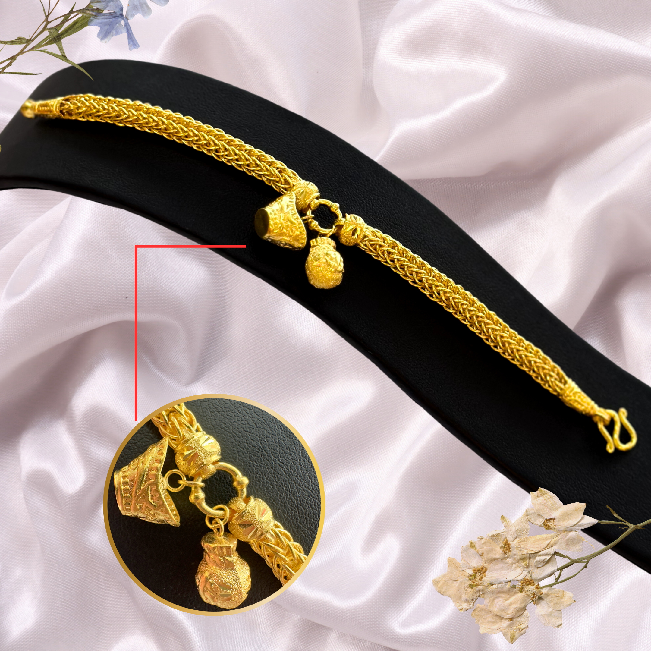 สร้อยข้อมือทองรูปพรรณ96.5% ลายแปดเสาห้อยกิมตุ้งถุงทอง